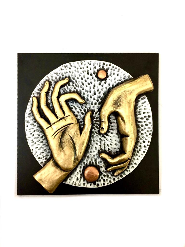 Hand Gestures Buddha Sculptures Terracotta Art With MDF White Gold Tamrapatra