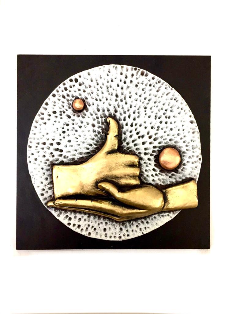 Hand Gestures Buddha Sculptures Terracotta Art With MDF White Gold Tamrapatra