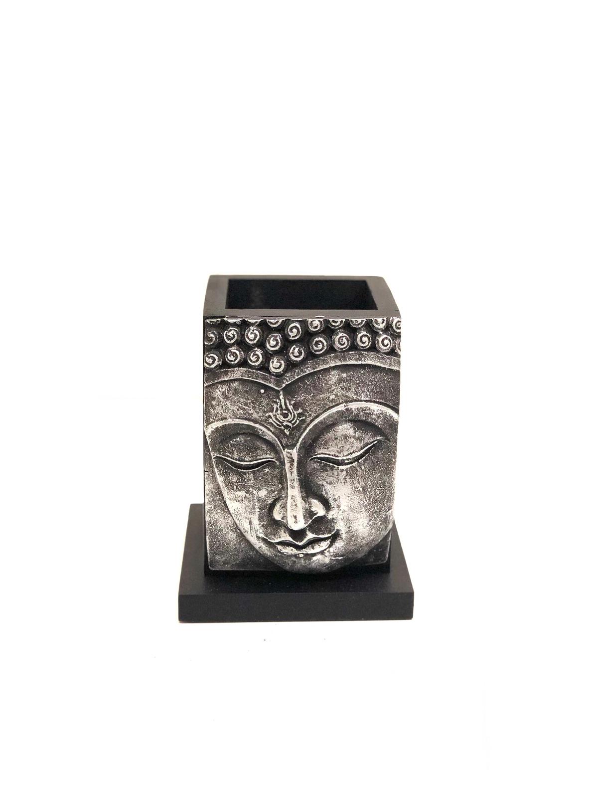 Buddha Sculpture Face On Wooden Pen Stand Modern New By Tamrapatra