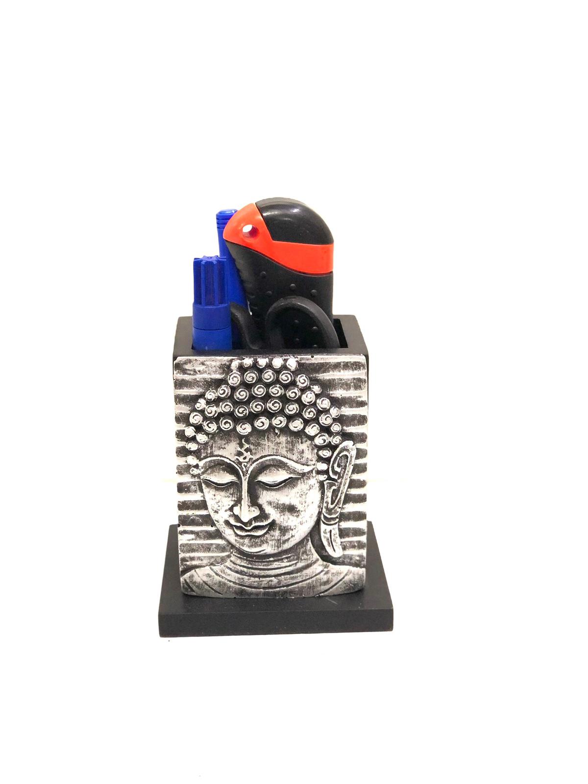 Buddha Face Pen Stand Resin Wooden Combo Stationary Desk By Tamrapatra