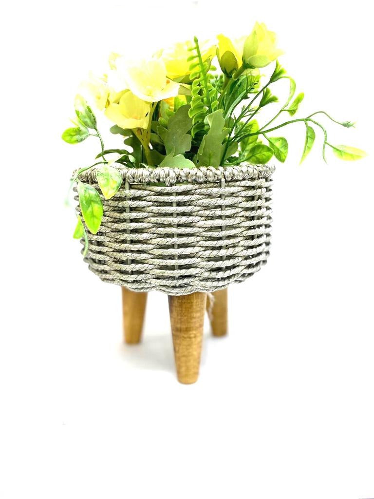 Unique Tripod Metal & Jute Planter On Wooden Stand Silver Shade Tamrapatra