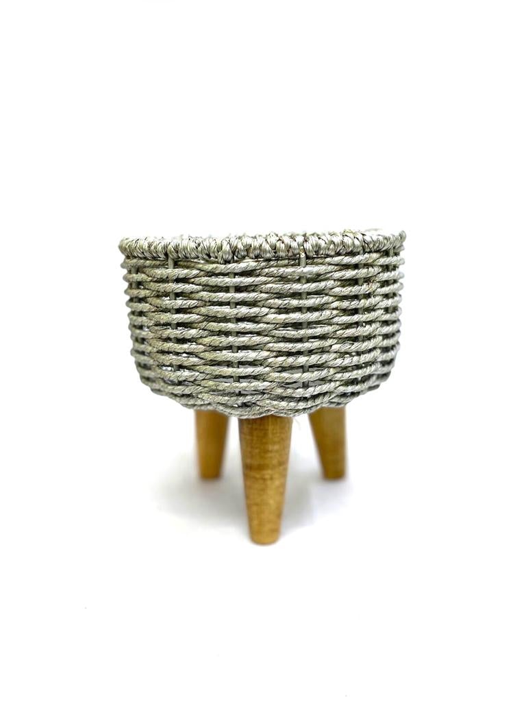 Unique Tripod Metal & Jute Planter On Wooden Stand Silver Shade Tamrapatra