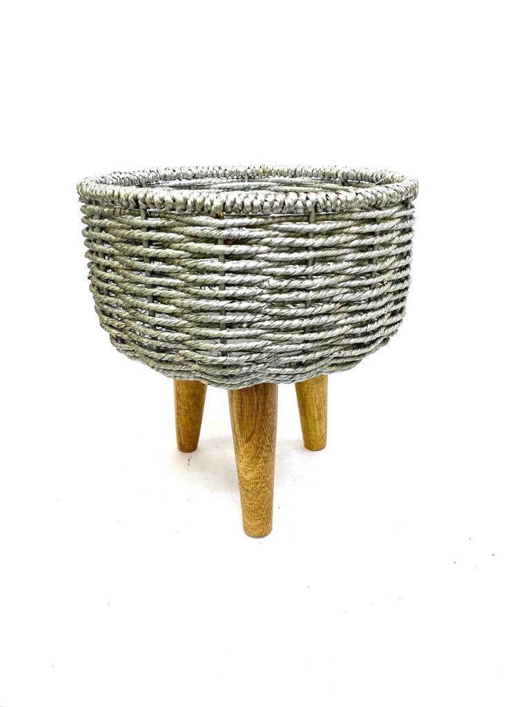 Unique Tripod Metal & Jute Planter On Wooden Stand Silver Shade Tamrapatra