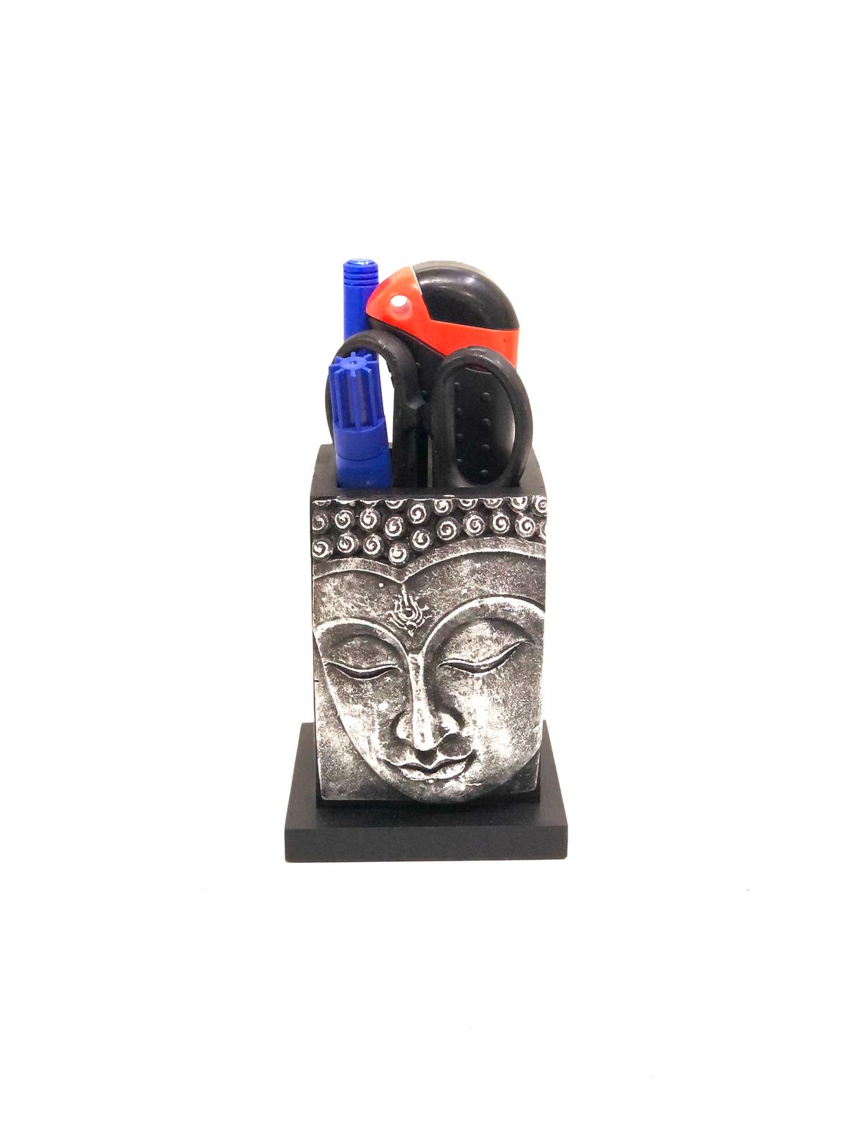 Buddha Sculpture Face On Wooden Pen Stand Modern New By Tamrapatra