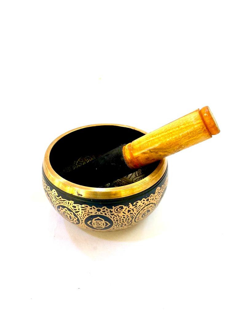 Brass Singing Bowl With Buddha Carving Inside Classic Black Designs By Tamrapatra