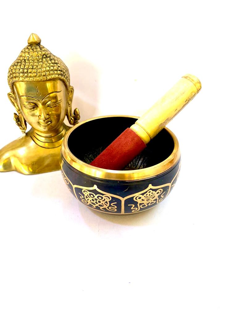 Brass Singing Bowl With Buddha Carving Inside Classic Black Designs By Tamrapatra