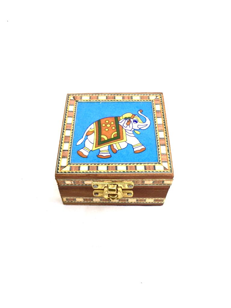 Single Blue Pottery Tile Wooden Box Storage Utility With Lock From Tamrapatra