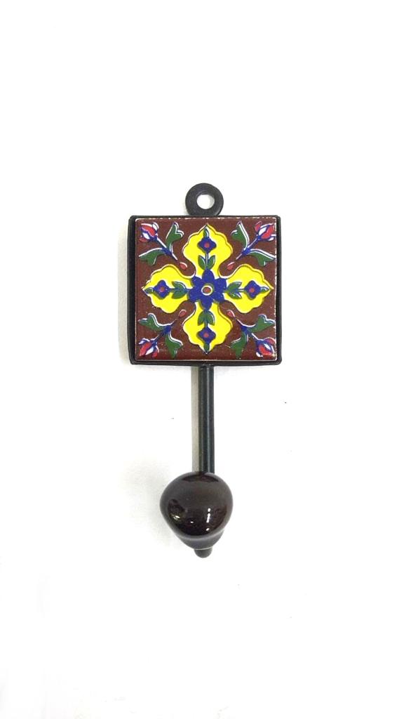 Brown Colored Blue Pottery Tiles Fitted On Metal Single Hook From Tamrapatra