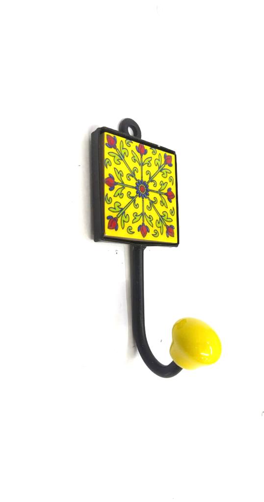 Yellow Colored Blue Pottery Tiles Designer Single Hook Hanging From Tamrapatra