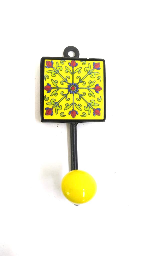 Yellow Colored Blue Pottery Tiles Designer Single Hook Hanging From Tamrapatra