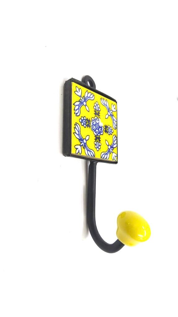 Yellow Colored Blue Pottery Tiles Designer Single Hook Hanging From Tamrapatra