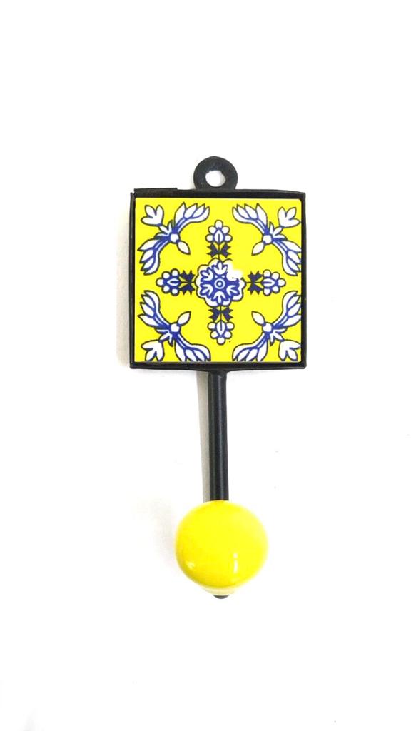 Yellow Colored Blue Pottery Tiles Designer Single Hook Hanging From Tamrapatra