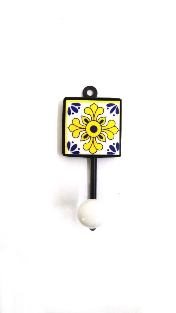 Yellow Colored Blue Pottery Tiles Designer Single Hook Hanging From Tamrapatra