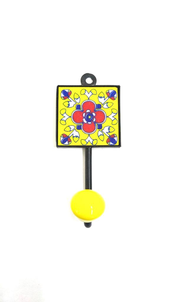 Yellow Colored Blue Pottery Tiles Designer Single Hook Hanging From Tamrapatra