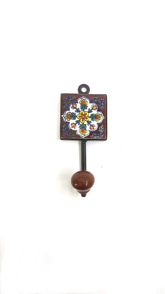 Brown Colored Blue Pottery Tiles Fitted On Metal Single Hook From Tamrapatra