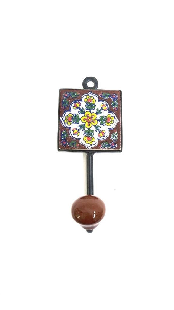 Brown Colored Blue Pottery Tiles Fitted On Metal Single Hook From Tamrapatra