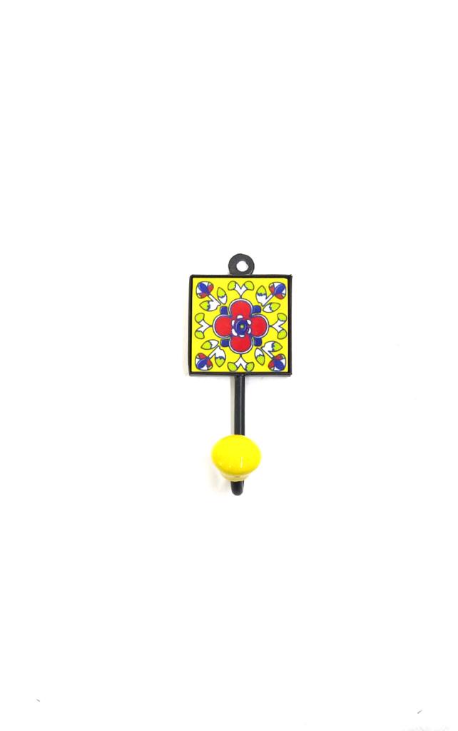 Yellow Colored Blue Pottery Tiles Designer Single Hook Hanging From Tamrapatra