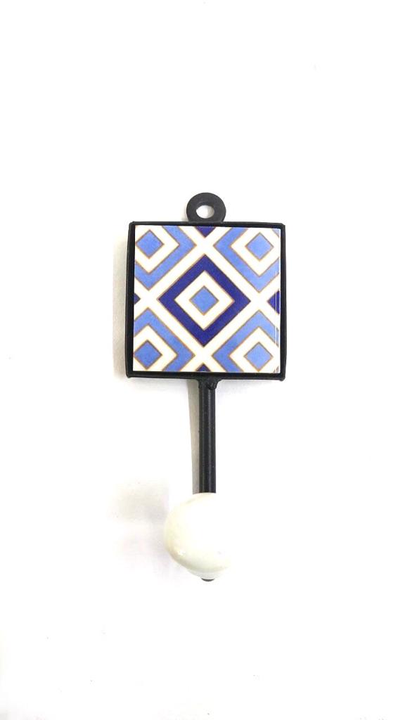 Single Hook Hanging White Blue Pottery Tiles Creative Design From Tamrapatra