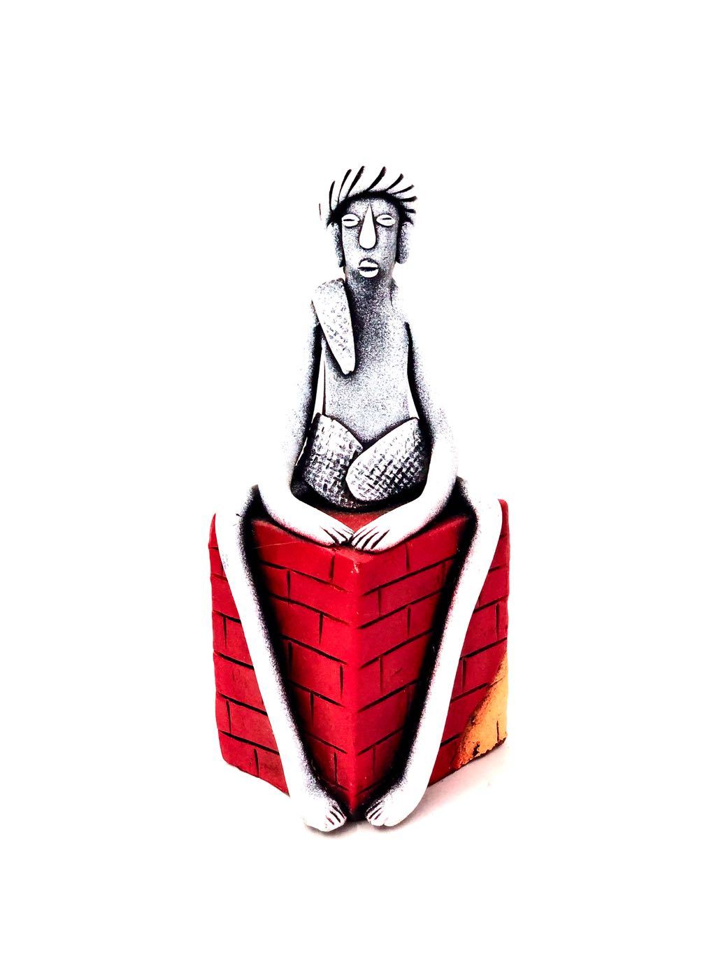 Tribal Man Sitting On Brick Conceptual Sculpture Pottery Tamrapatra - Tamrapatra