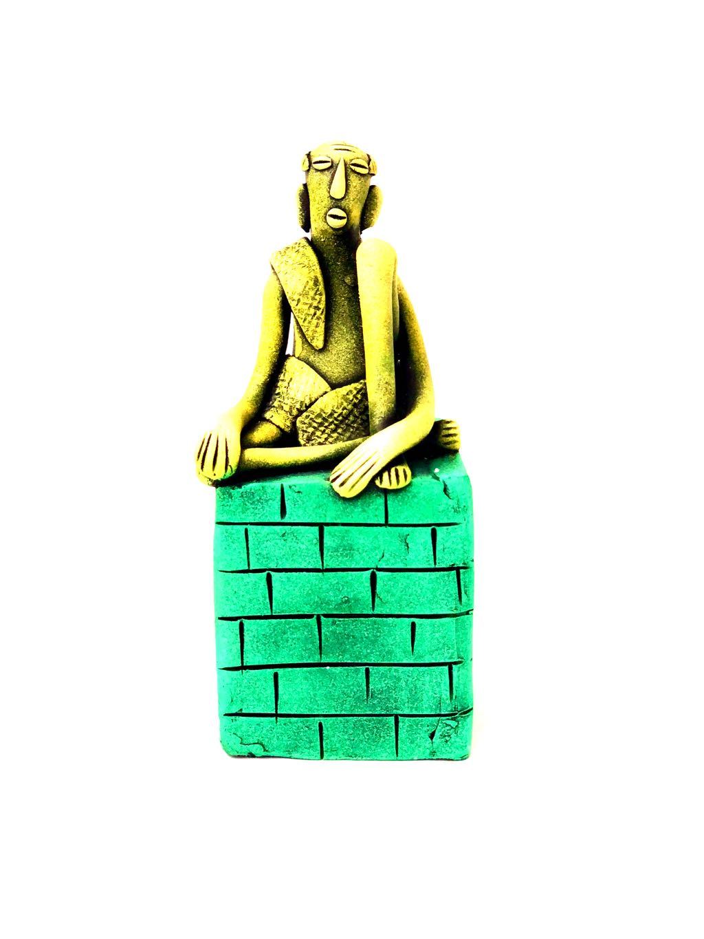 Tribal Man Sitting On Brick Conceptual Sculpture Pottery Tamrapatra - Tamrapatra