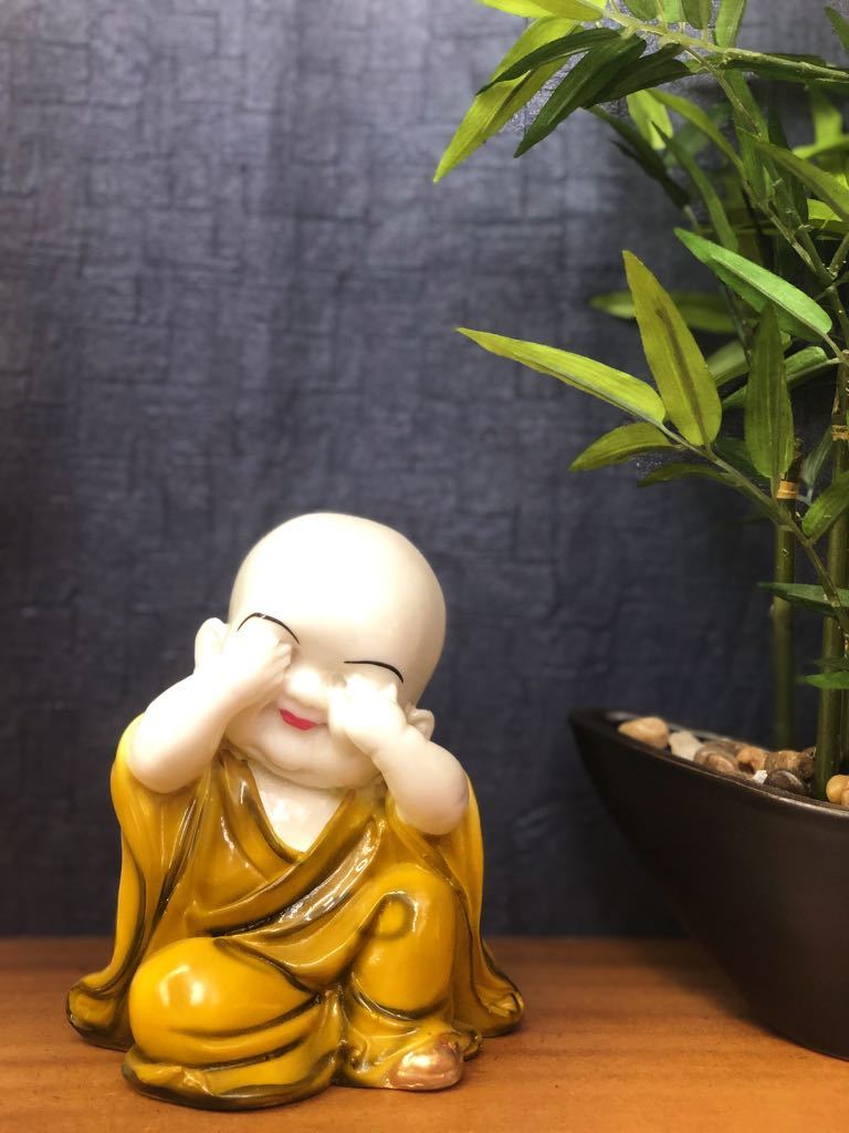 Playful Monks Feng Shui Mustard Yellow Resin Relics From Tamrapatra - Tamrapatra