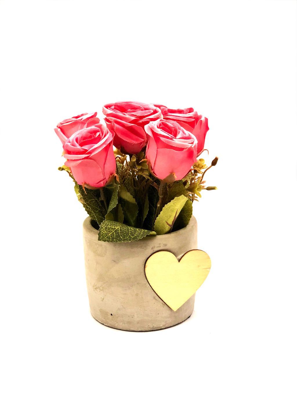 Heart Shaped Wood On Pot Rose Plant With Various Colours Gifting Tamrapatra