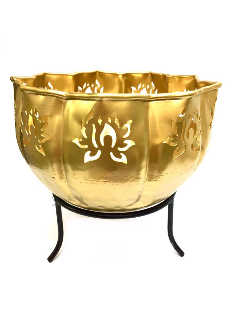 Golden Carving Lotus Metal Flower Pot Urli With Tea Light Holder By Tamrapatra