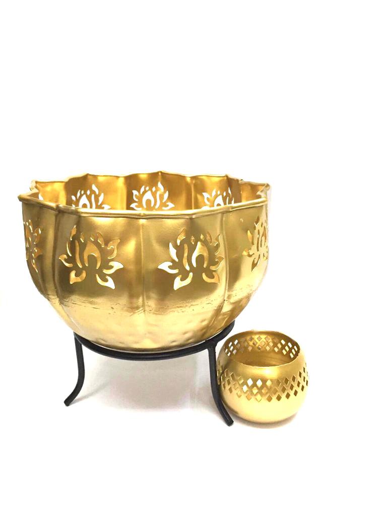 Golden Carving Lotus Metal Flower Pot Urli With Tea Light Holder By Tamrapatra