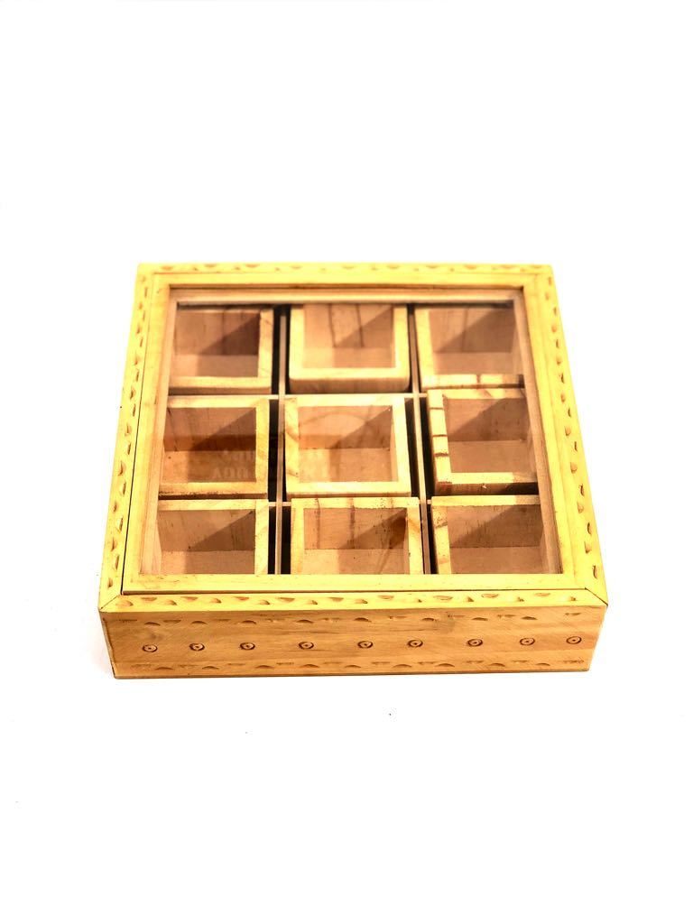 Classic Wooden Finish Spice Box With Slide Through Lid Exporter Tamrapatra