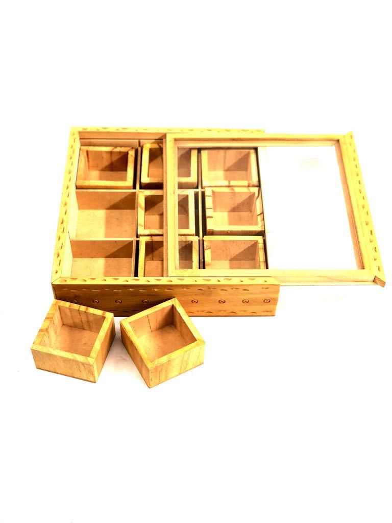 Classic Wooden Finish Spice Box With Slide Through Lid Exporter Tamrapatra