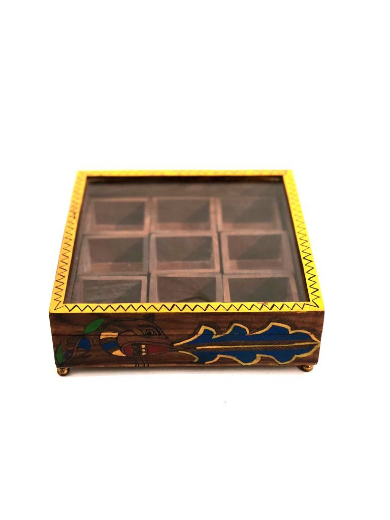 Masala Box Kitchen Use HandPainted Peacock Design Wooden Tamrapatra