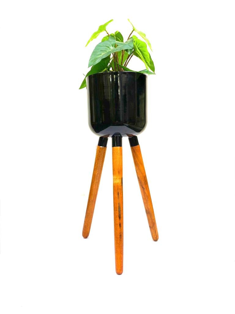 Beautiful Metal Planter On Large Wooden Tripod Stand Black Shade Tamrapatra