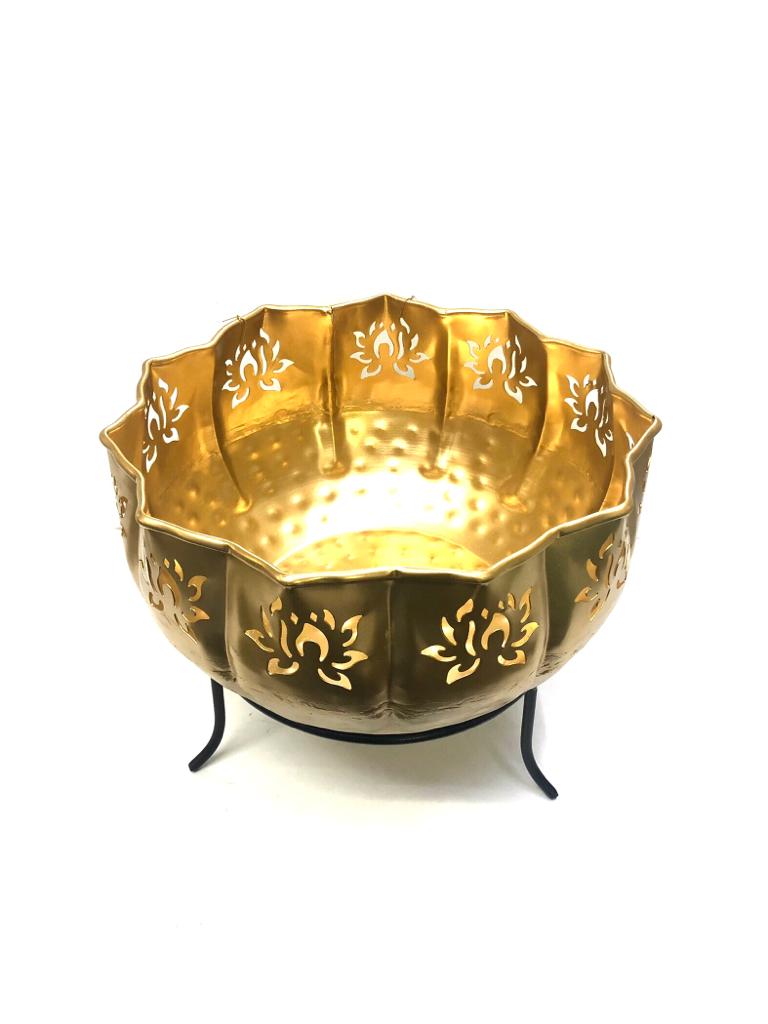 Golden Carving Lotus Metal Flower Pot Urli With Tea Light Holder By Tamrapatra