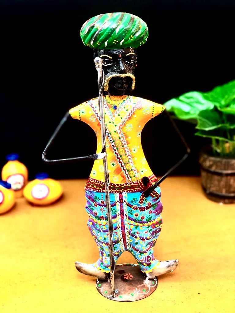 Indian Villager Guard Holding Stick Ethnic Attire Metal Tamrapatra - Tamrapatra