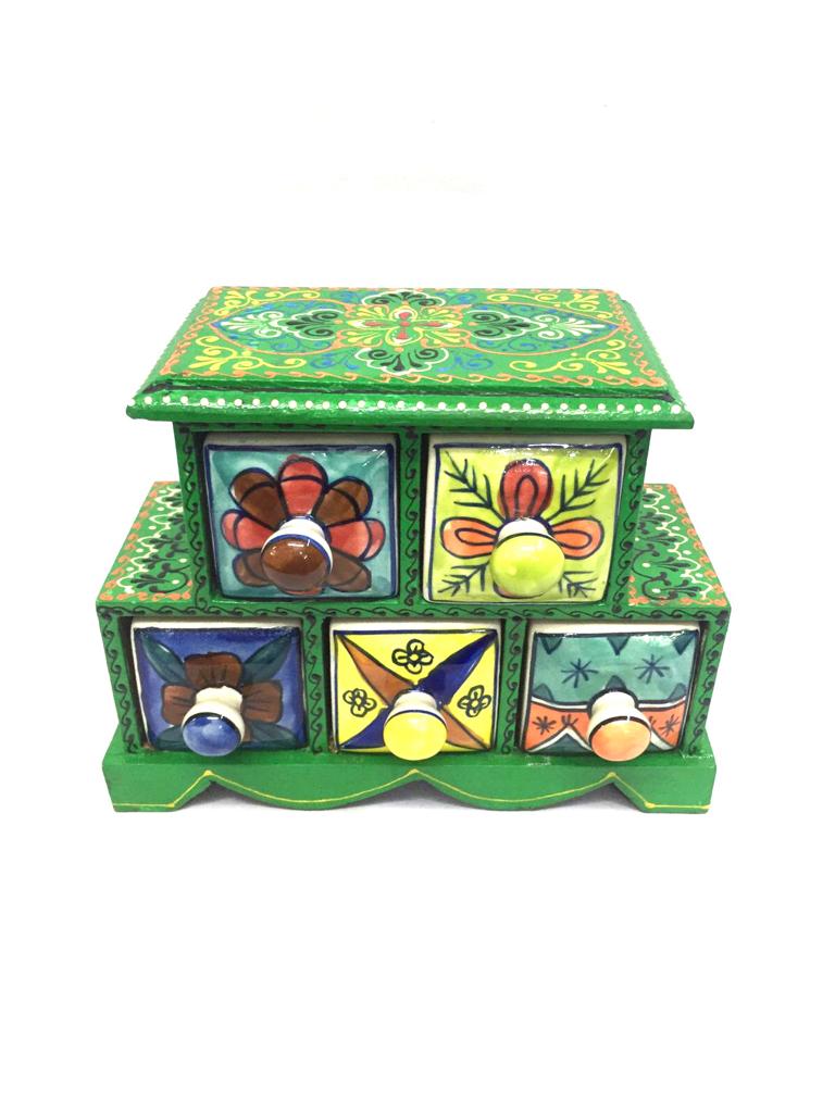 5 Drawer Ceramic Handcrafted Indian Wooden Artware Utility Gifts Tamrapatra