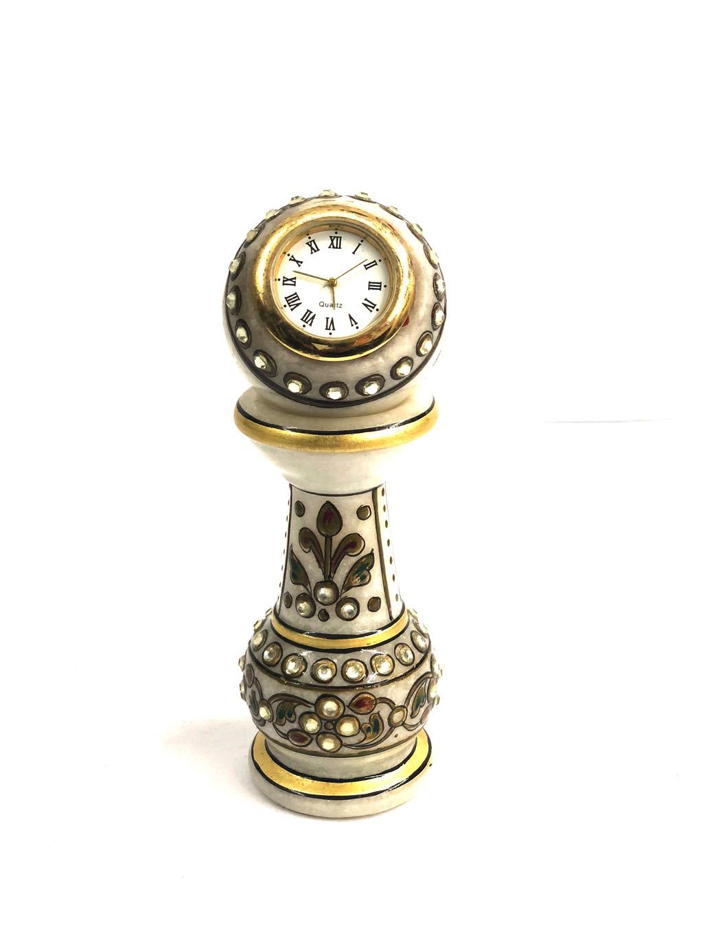 Pillar Style Marble Clock Desk Corporate Utility Souvenir Handcrafted By Tamrapatra