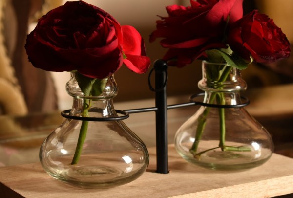 2 Glass Planters On Wooden Stand & Metal Support Indoor Décor Tamrapatra