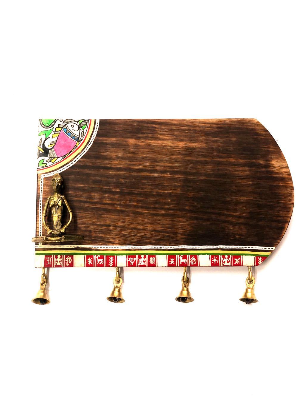 HandPainted Wooden Name Plate With Brass Figures & Bells Tamrapatra - Tamrapatra