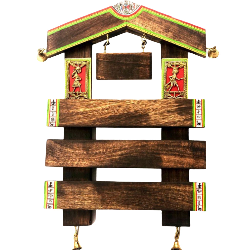 Unique Hut Shaped Wooden Name Plate With Bells HandPainted Tamrapatra - Tamrapatra
