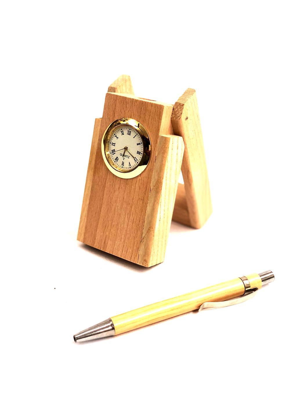 Excellent Quality Wood Stand With Pen & Clock Desk Utility By Tamrapatra