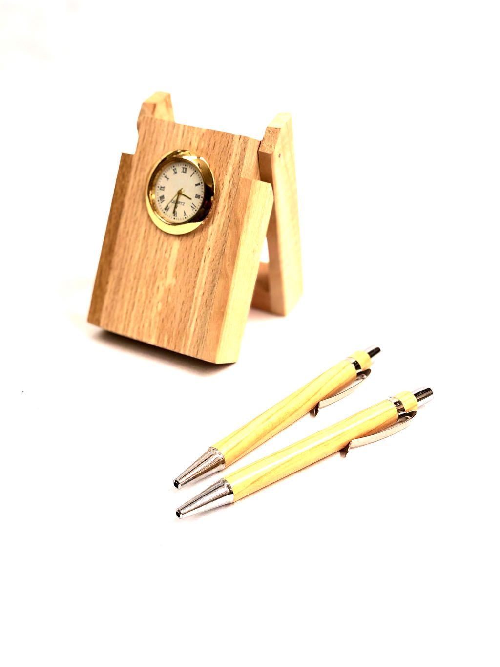 Excellent Quality Wood Stand With Pen & Clock Desk Utility By Tamrapatra
