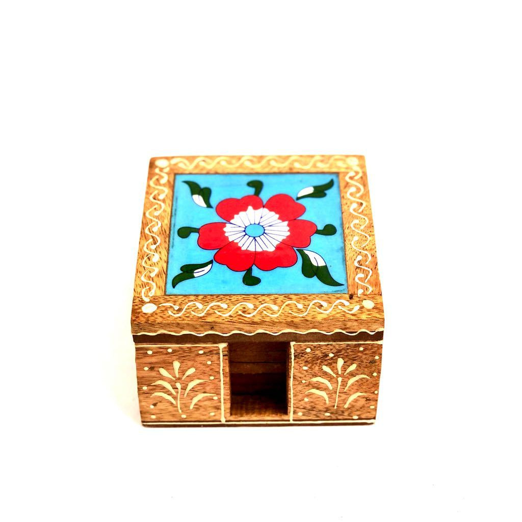 Blue Pottery Tile Fitted Tea Coaster Made With Wood Tableware Tamrapatra - Tamrapatra