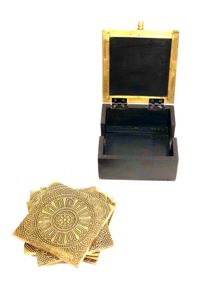 Wooden & Brass Fitting Vintage Set of 6 Tea Coasters In Attractive Box Tamrapatra