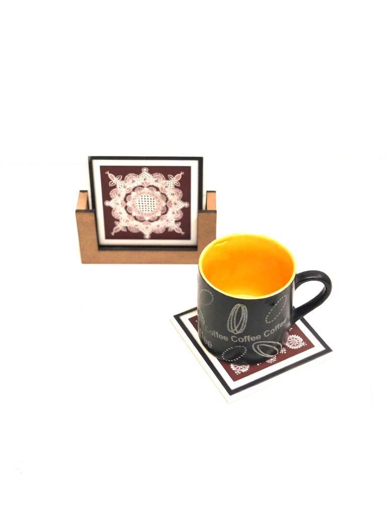 Acrylic Tea Coasters Set Of 4 Finished With Wooden Stand By Tamrapatra