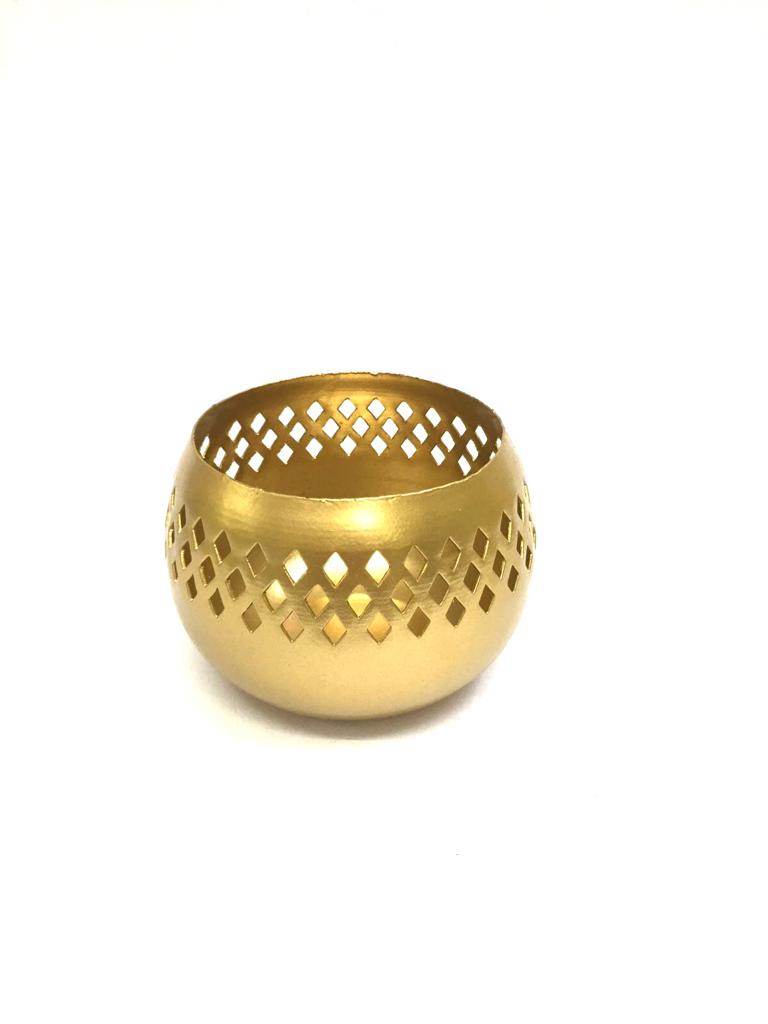 Golden Carving Lotus Metal Flower Pot Urli With Tea Light Holder By Tamrapatra