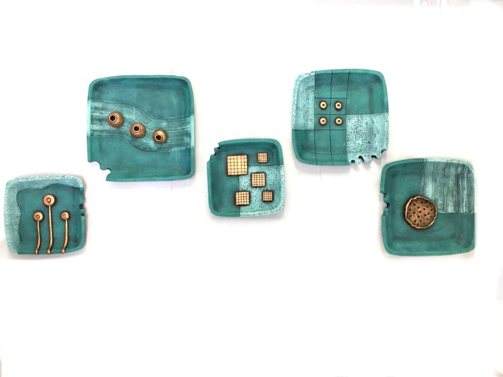 Teal Green With Copper Shade Square Set Of 5 Terracotta Dish By Tamrapatra