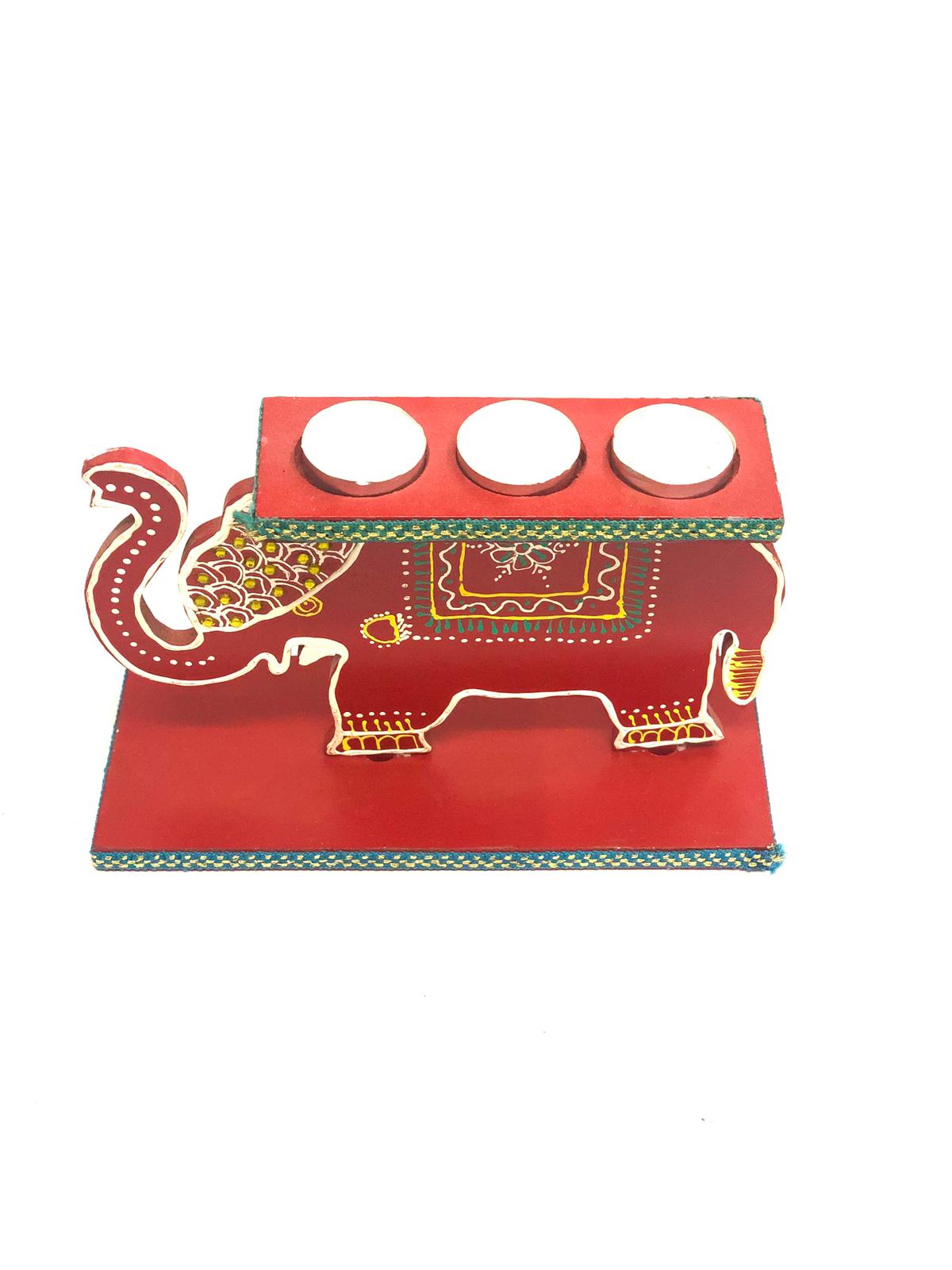 3 Candle Wooden Handicrafts Artistic Elephant Style On Stand Now At Tamrapatra