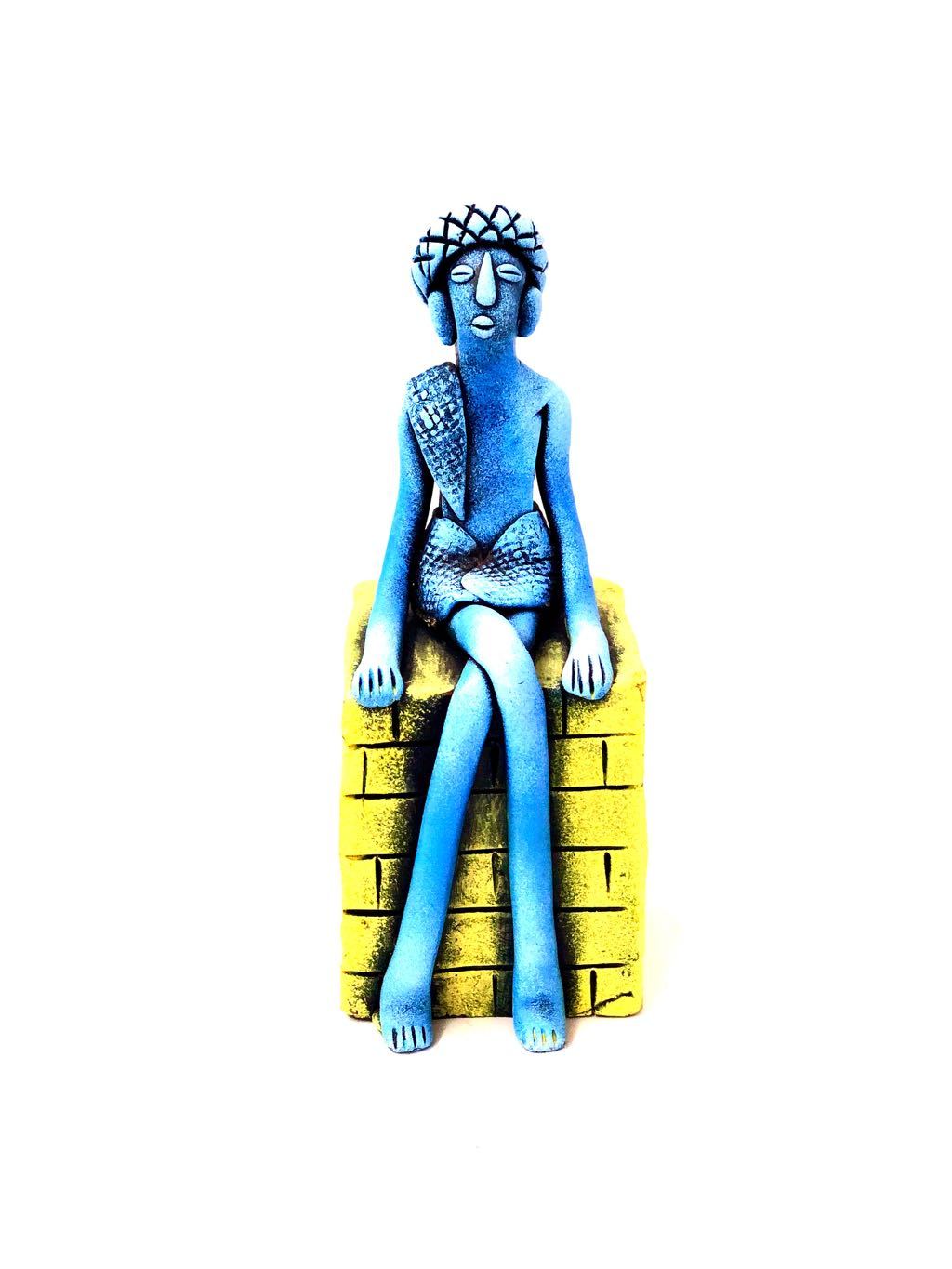 Tribal Man Sitting On Brick Conceptual Sculpture Pottery Tamrapatra - Tamrapatra