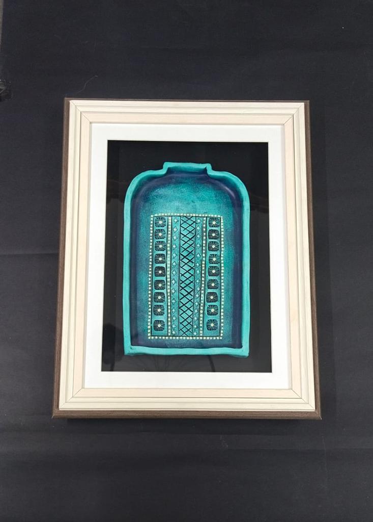 Cyan Theme Vintage Jharokha In Exclusive Glass Enclosed Wall Frame Tamrapatra
