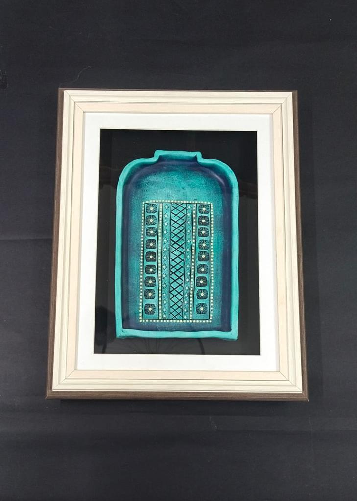 Cyan Theme Vintage Jharokha In Exclusive Glass Enclosed Wall Frame Tamrapatra